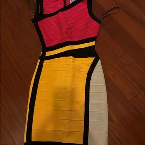 New with Tags Herve Leger Red/Yellow Colorblock Sleeveless Bodycon Mini Dress XS